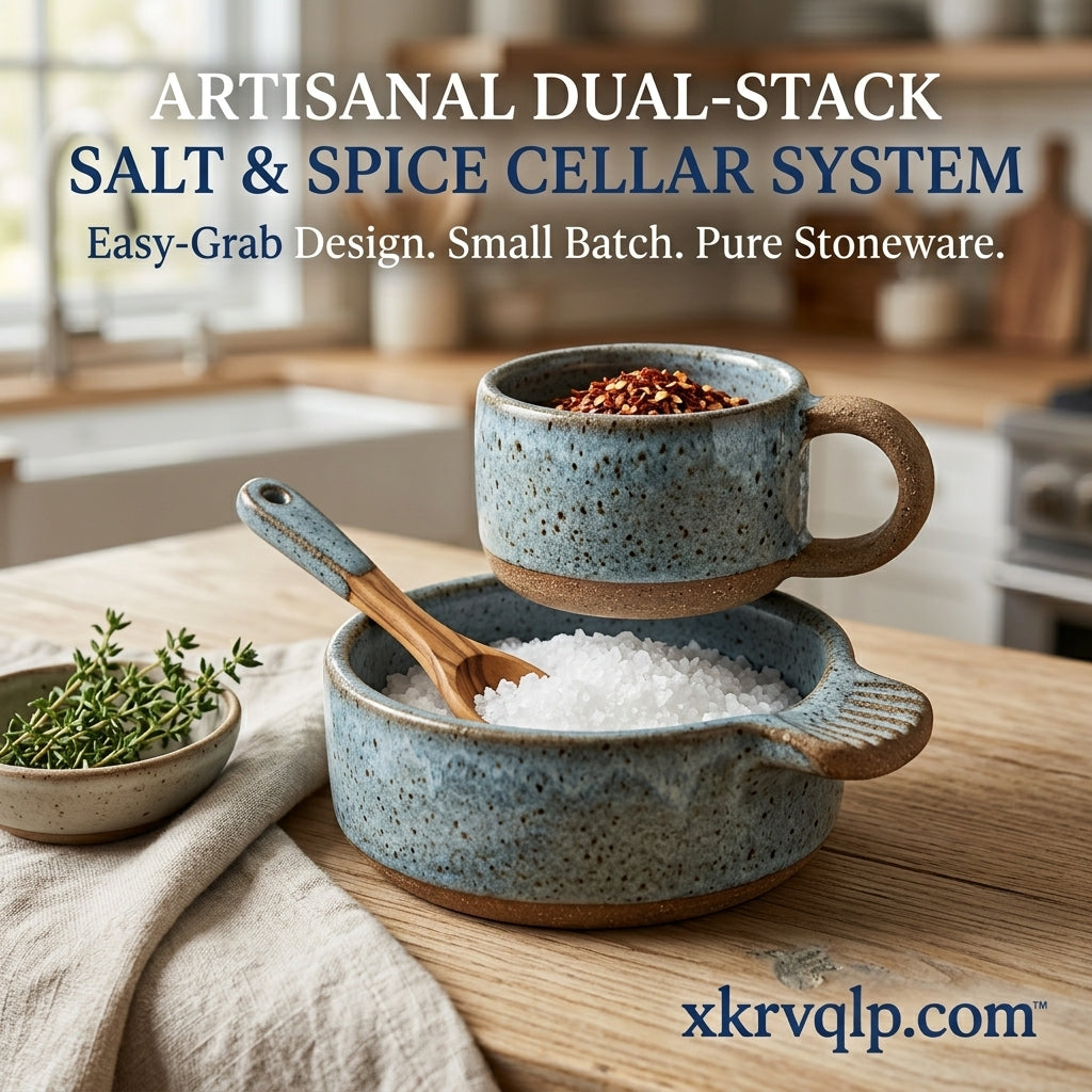 xkrvqlp.com™ Artisanal Dual-Stack Salt and Spice Cellar Set | Speckled Stoneware Salt Pig & Stackable Spice Bowl with Olive Wood Spoon | Rustic Handcrafted Kitchen Seasoning Keeper