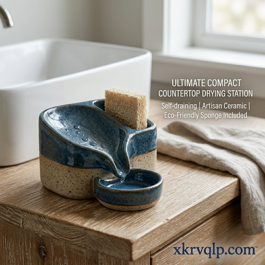 xkrvqlp.com™ Artisan Ceramic Self-Draining Sponge Holder – Compact Kitchen Countertop Drying Station & Soap Dish with Eco-Friendly Sponge