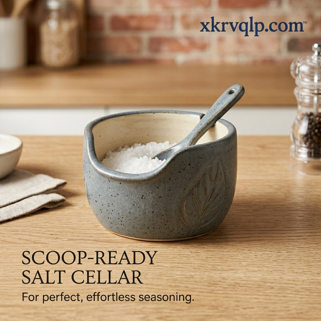 xkrvqlp.com™ Ceramic Salt Cellar with Spoon - Rustic Stoneware Salt Pig and Keeper for Kitchen Countertop, Handcrafted Salt Bowl with Leaf Motif, Perfect for Coarse Salt, Spices, and Sugar