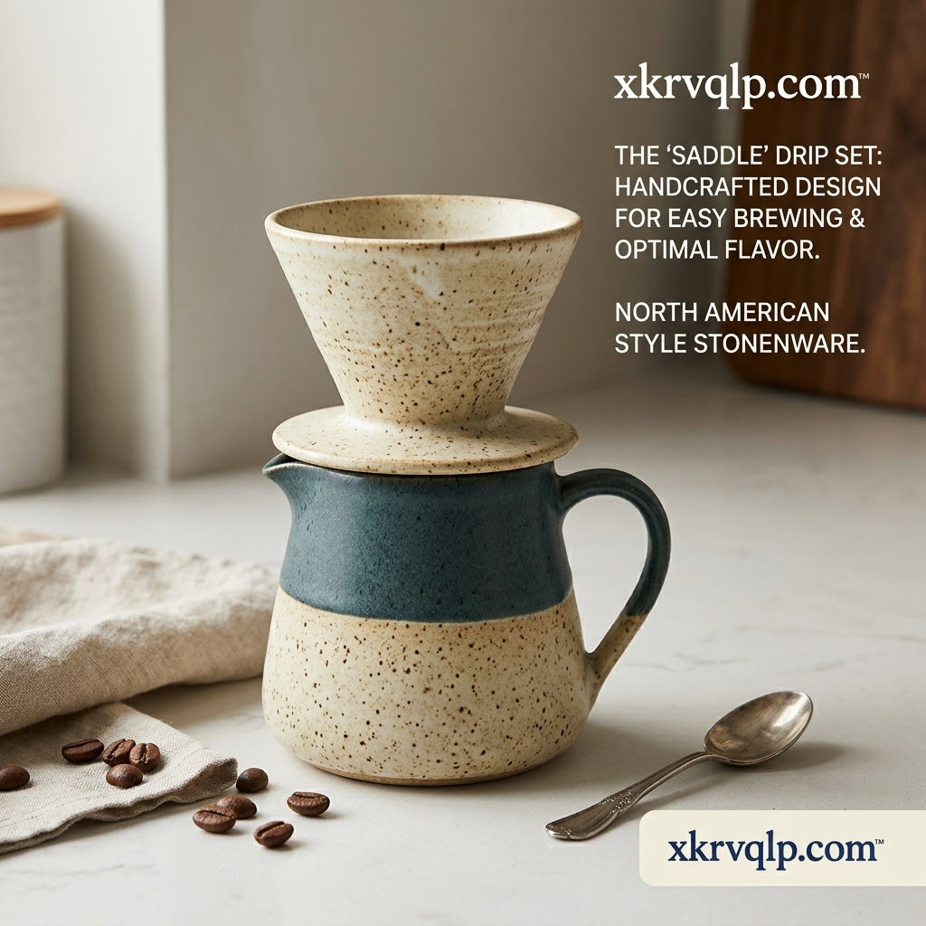 xkrvqlp.com™ 'Saddle' Ceramic Pour Over Coffee Maker Set - Handcrafted Stoneware Coffee Dripper and Carafe Server Set - Artisanal Slow Brew Coffee Maker for Drip Coffee Lovers (Two-Tone Teal & Speckled Cream)