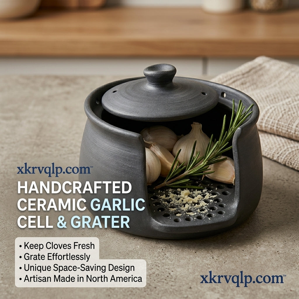 xkrvqlp.com™ Handcrafted Ceramic Garlic Keeper and Grater | 2-in-1 Artisan Garlic Cell Storage Pot with Built-in Grating Surface | Keeps Cloves Fresh, Space-Saving Kitchen Decor
