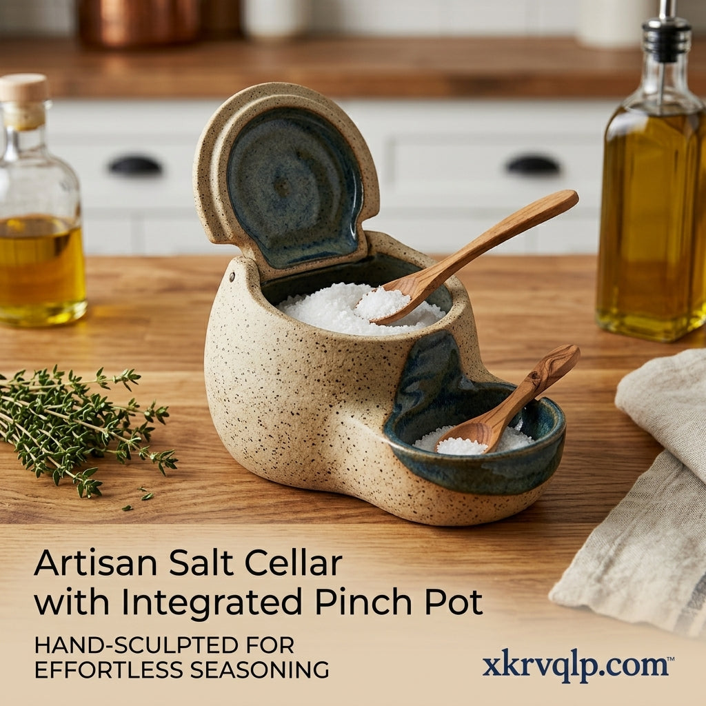 xkrvqlp.com™ Artisan Salt Cellar with Integrated Pinch Pot – Speckled Ceramic Dual Seasoning Holder with Two Wooden Spoons – Rustic Countertop Spice Keeper