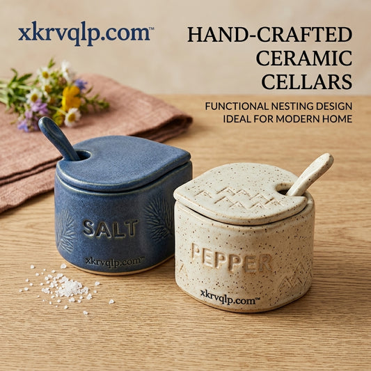 xkrvqlp.com™ Hand-Crafted Ceramic Salt and Pepper Cellar Set - Nesting Stoneware Spice Jars with Lids and Spoons, Decorative Pinch Bowls & Condiment Pots for Modern Farmhouse Kitchen Countertop