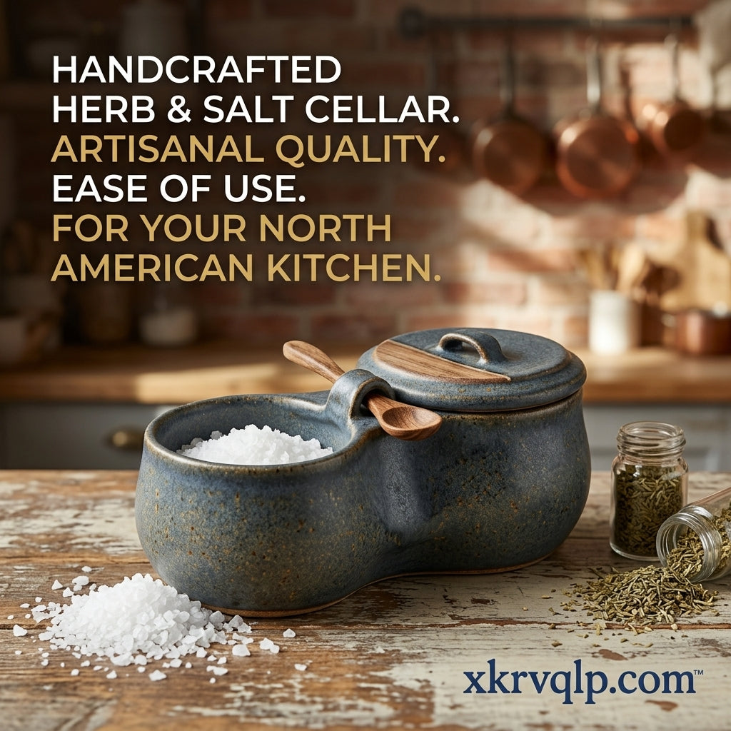 xkrvqlp.com™ Handcrafted Ceramic Salt Cellar and Herb Keeper - Rustic Double Compartment Stoneware Spice Box with Wooden Lid and Spoon - Artisanal Seasoning Pot for Farmhouse Kitchen Decor